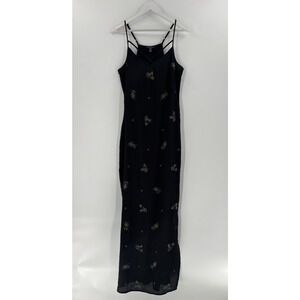 Long Tall Sally Dress Womens 8 Black Maxi 90s Beaded Slit Strappy Sleeveless